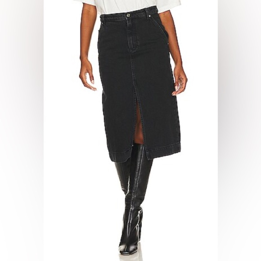 We The Free Wild Roses Denim Front Slit Black Midi Pencil Skirt size 26